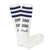 Dink Dink smash pickleball design custom printed on striped knee high socks.