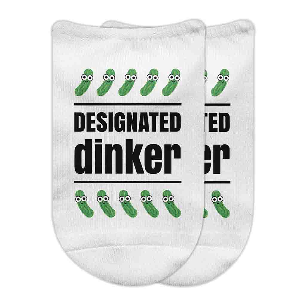 Funny no show socks digitally printed by sockprints with designated dinker with it for the pickleball player.