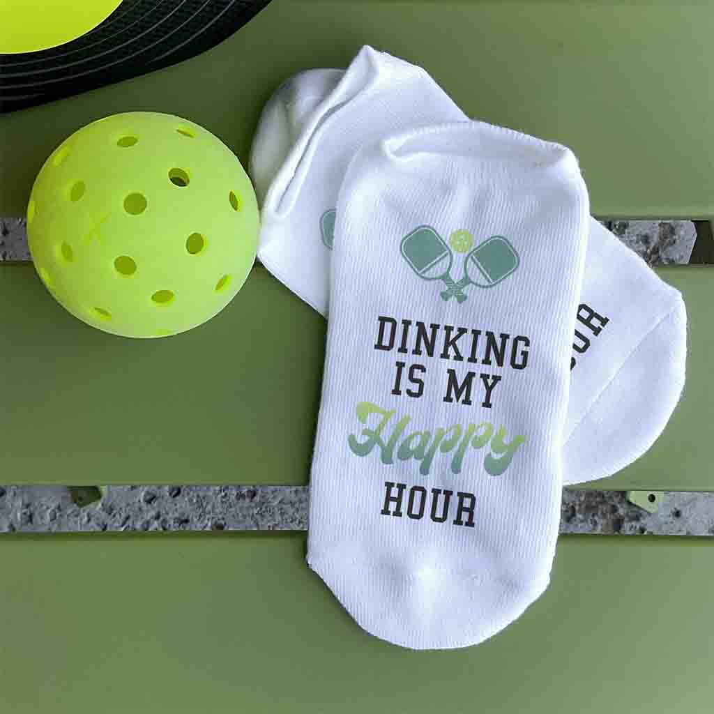Dinking is my happy hour digitally printed on the top of the white cotton no show socks custom designed by sockprints.