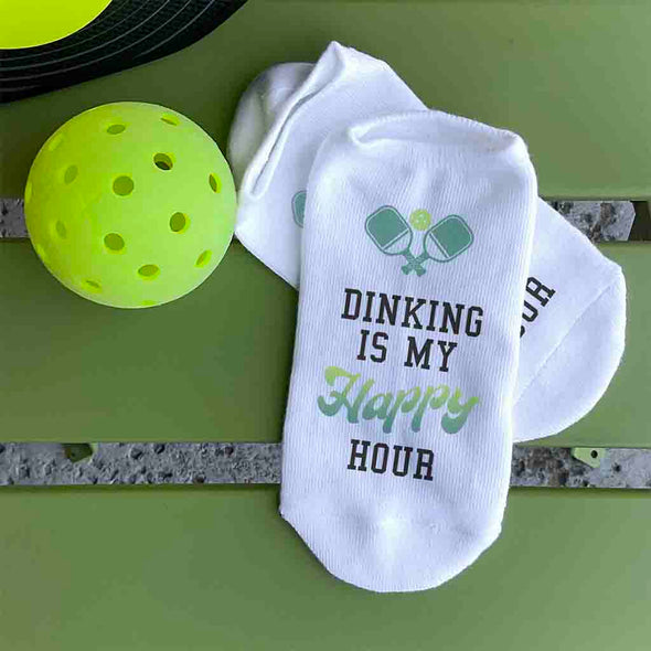 Dinking is my happy hour digitally printed on the top of the white cotton no show socks custom designed by sockprints.