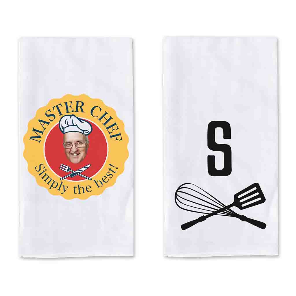 Custom printed two piece photo dish towel set for the gourmet cook personalized with your initial.