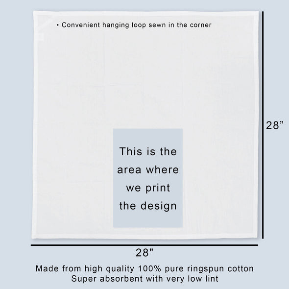 Kitchen towel specifications and sizing sheet.