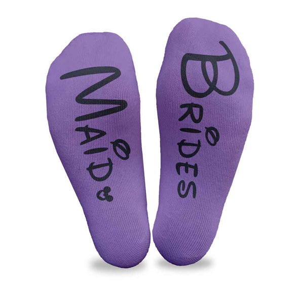 Purple no show socks with printing on the bottom soles of the socks personalized for your wedding party.