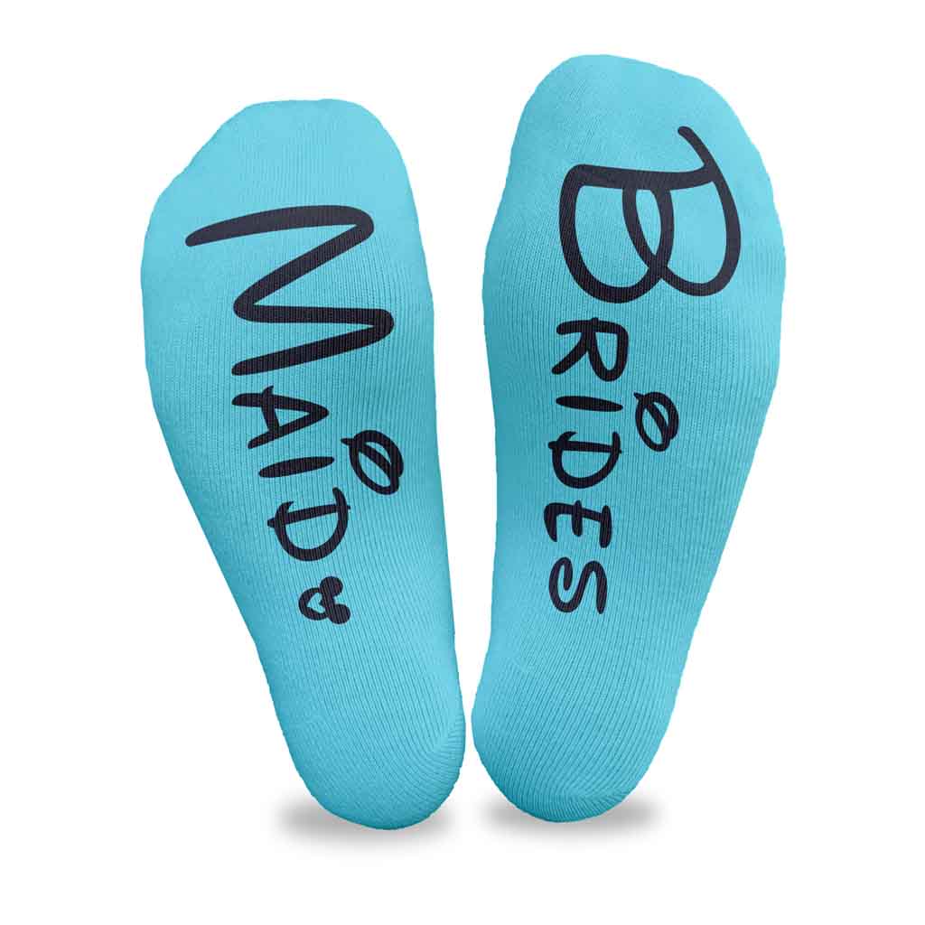 Turquoise no show socks digitally printed on the bottom soles of the socks with your wedding party roles.