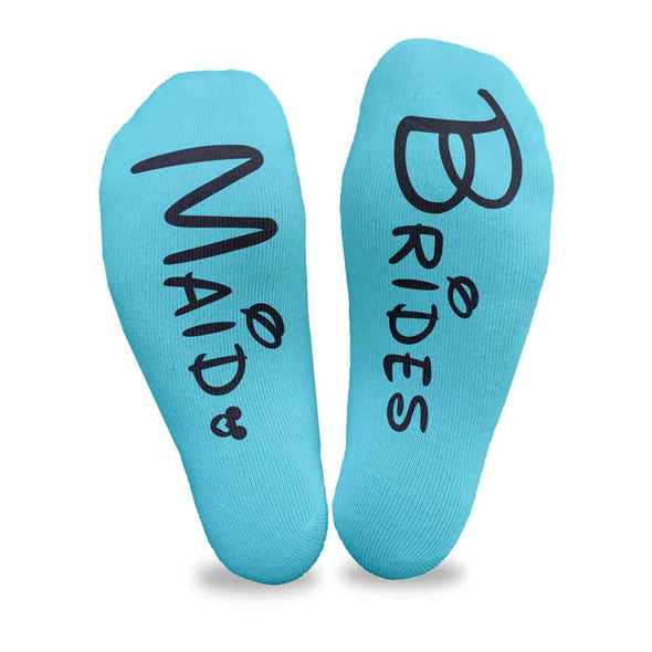 Turquoise no show socks digitally printed on the bottom soles of the socks with your wedding party roles.