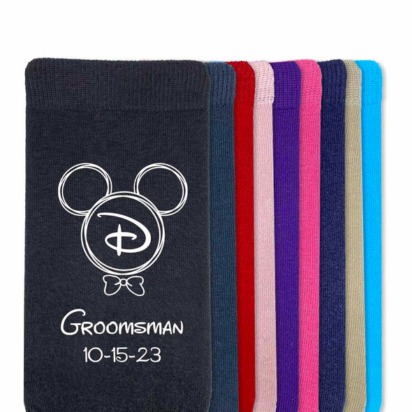 Disney inspired custom printed monogram wedding party socks digitally printed with the design and personalized with your wedding date and wedding role.