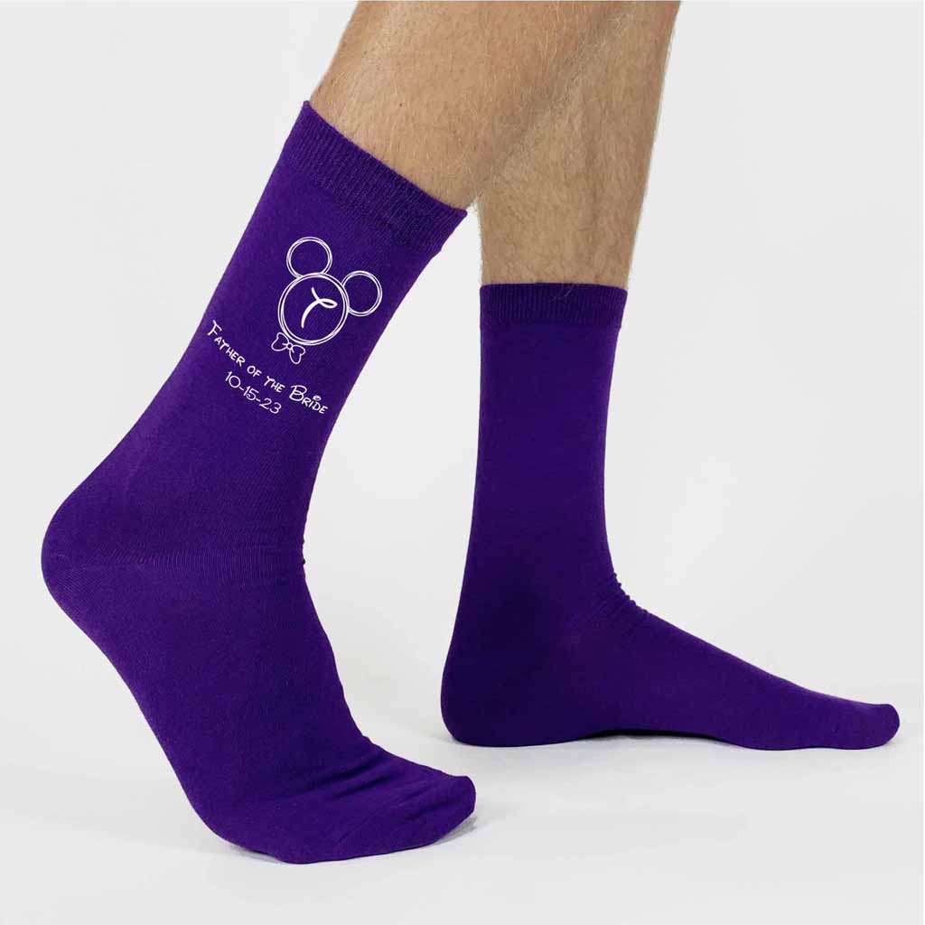 Father of the Bride socks with a Disney inspired custom printed monogram. Purple wedding party socks custom printed with the design and personalized with your wedding date.