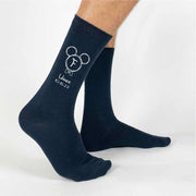Navy Disney inspired custom printed monogram wedding party socks for the Usher with the monogram design and personalized with your wedding date.
