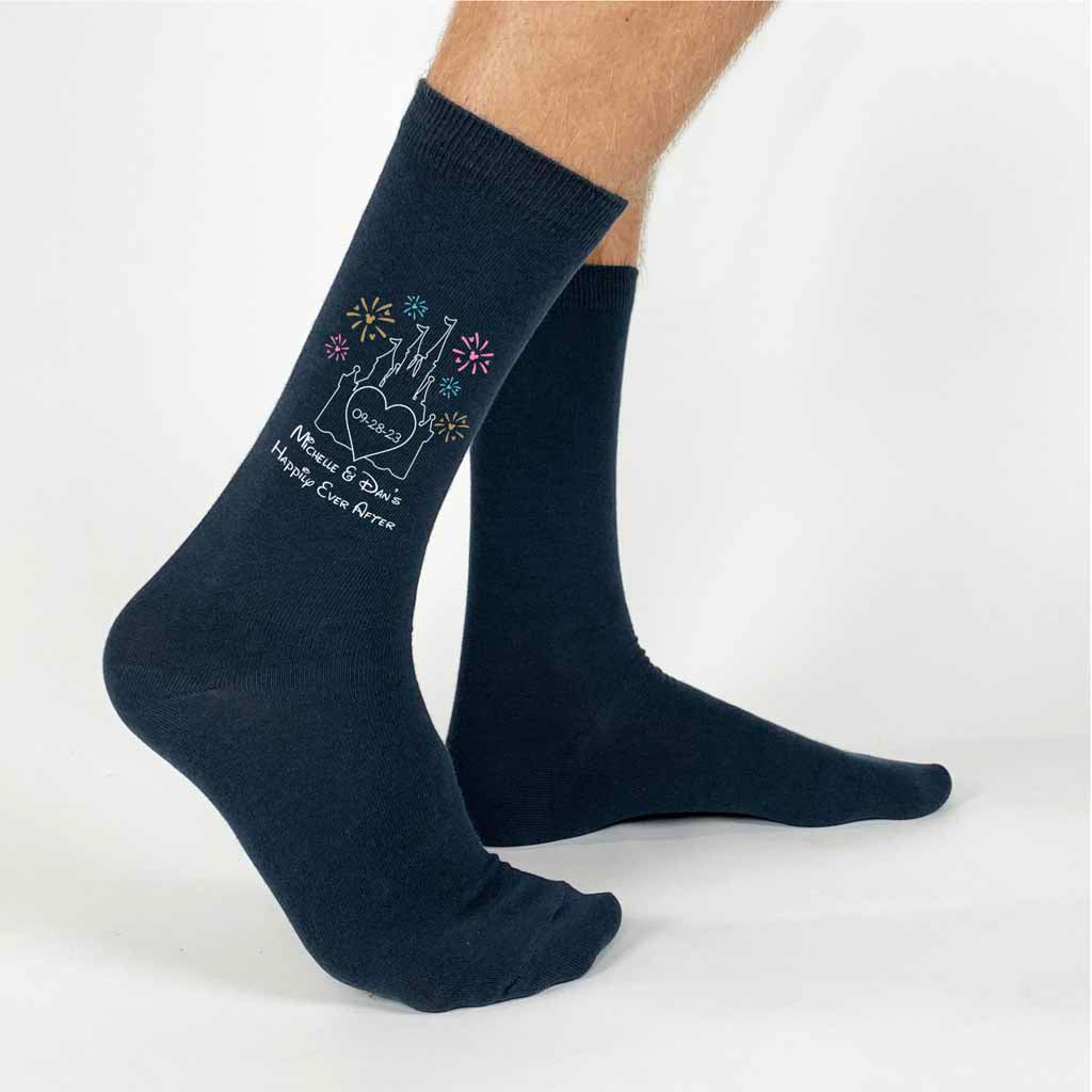 Fun personalized Disney inspired wedding day charcoal flat knit dress socks custom printed with your wedding date and names.