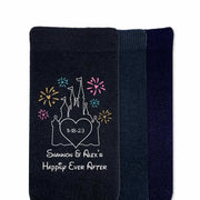 Disney inspired magic castle theme wedding socks for the groom. Personalized socks with a wedding date and couple's names.