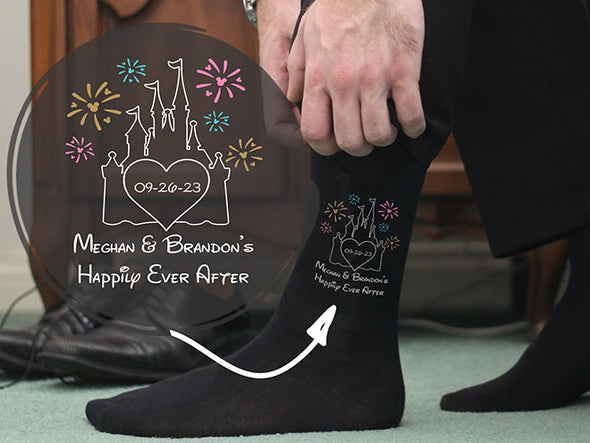 Black dress socks for the groom with a Disney look. Happily ever after with a magic castle design personalized with the wedding date and the names of the couple.