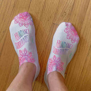 Abundance surrounds me positive and affirming mantra custom printed on no show socks.