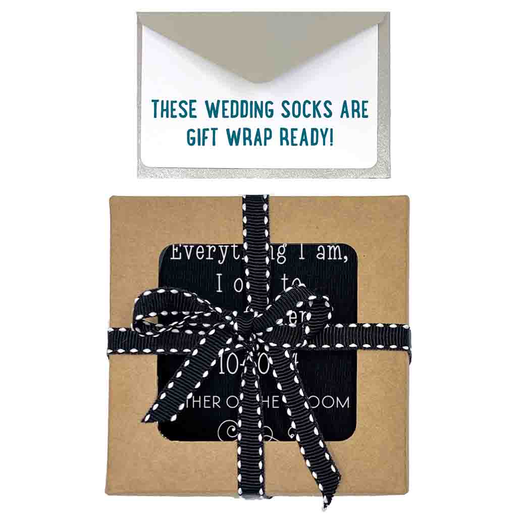 Easy to assemble gift wrap kit included with custom pritned wedding socks for the father of the groom.