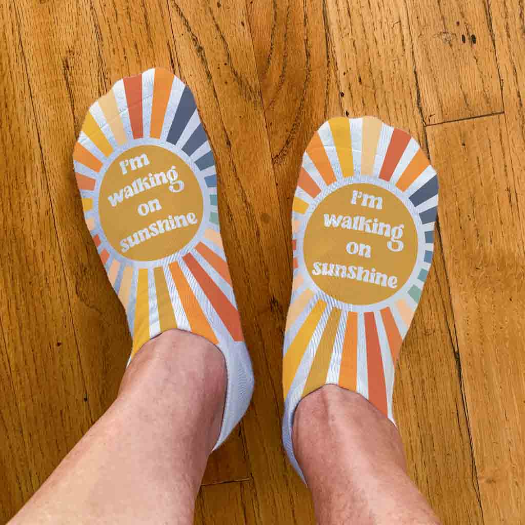 I'm walking on sunshine design by sockprints digitally printed on no show socks.