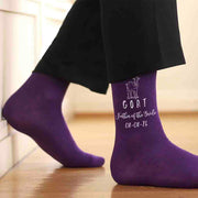 Fun personalized wedding socks for the GOAT father of the bride digitally printed and personalized with your wedding date and role make these the perfect wedding day gift.