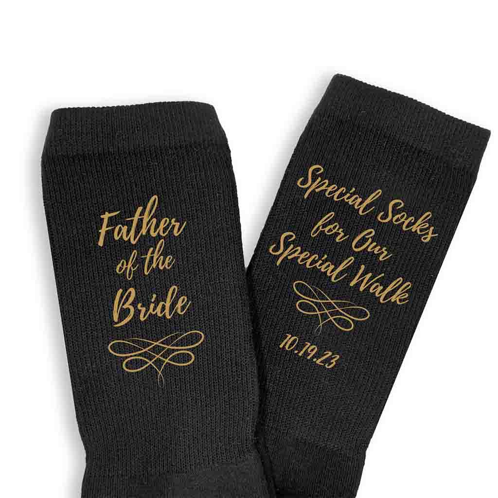 Special socks for a special walk digitally printed on the side of the socks personalized with your wedding date and father of the bride.