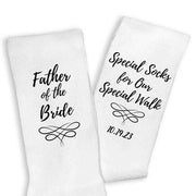 Special socks for a special walk custom printed with your wedding date and father of the bride on flat knit dress socks on white crew socks.