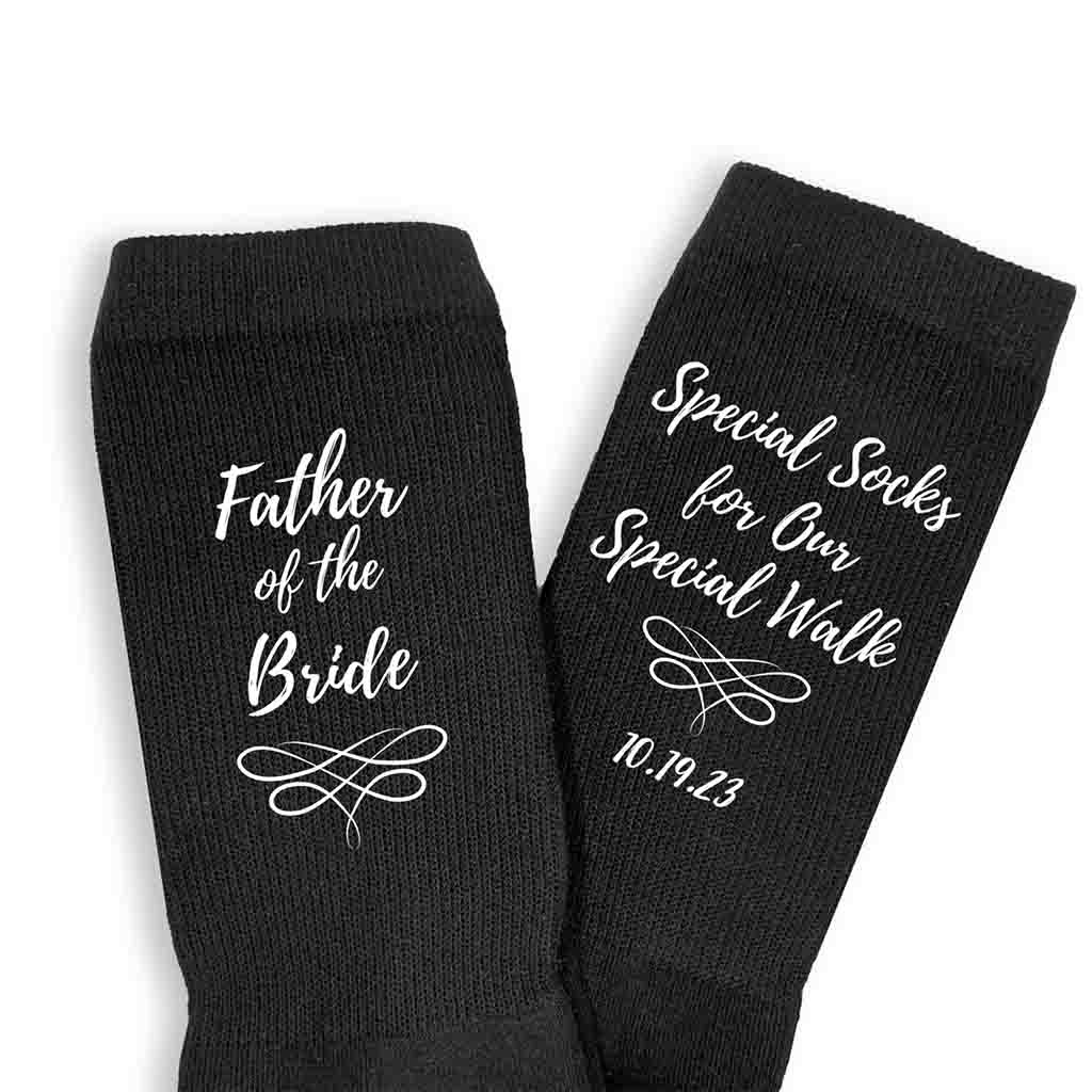 Special socks for a special walk custom printed with your wedding date and father of the bride on flat knit dress socks.