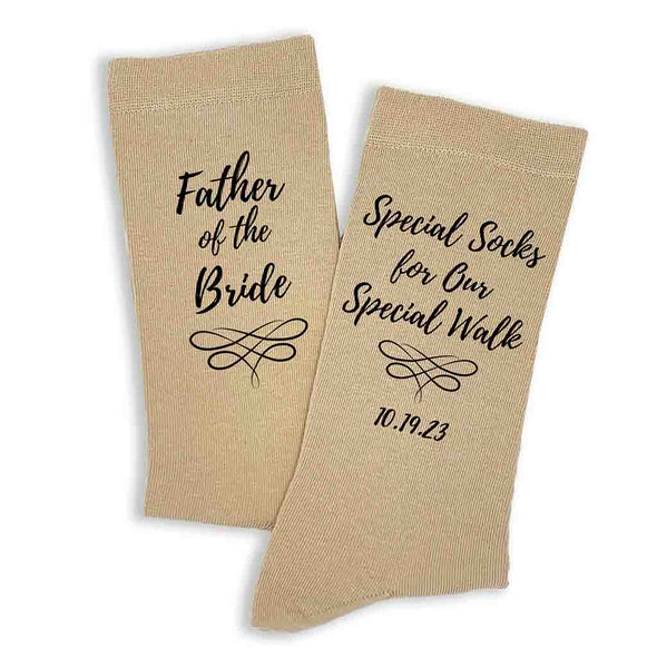 Special socks for a special walk custom printed with your wedding date and father of the bride on flat knit dress socks on tan flat knit dress socks.