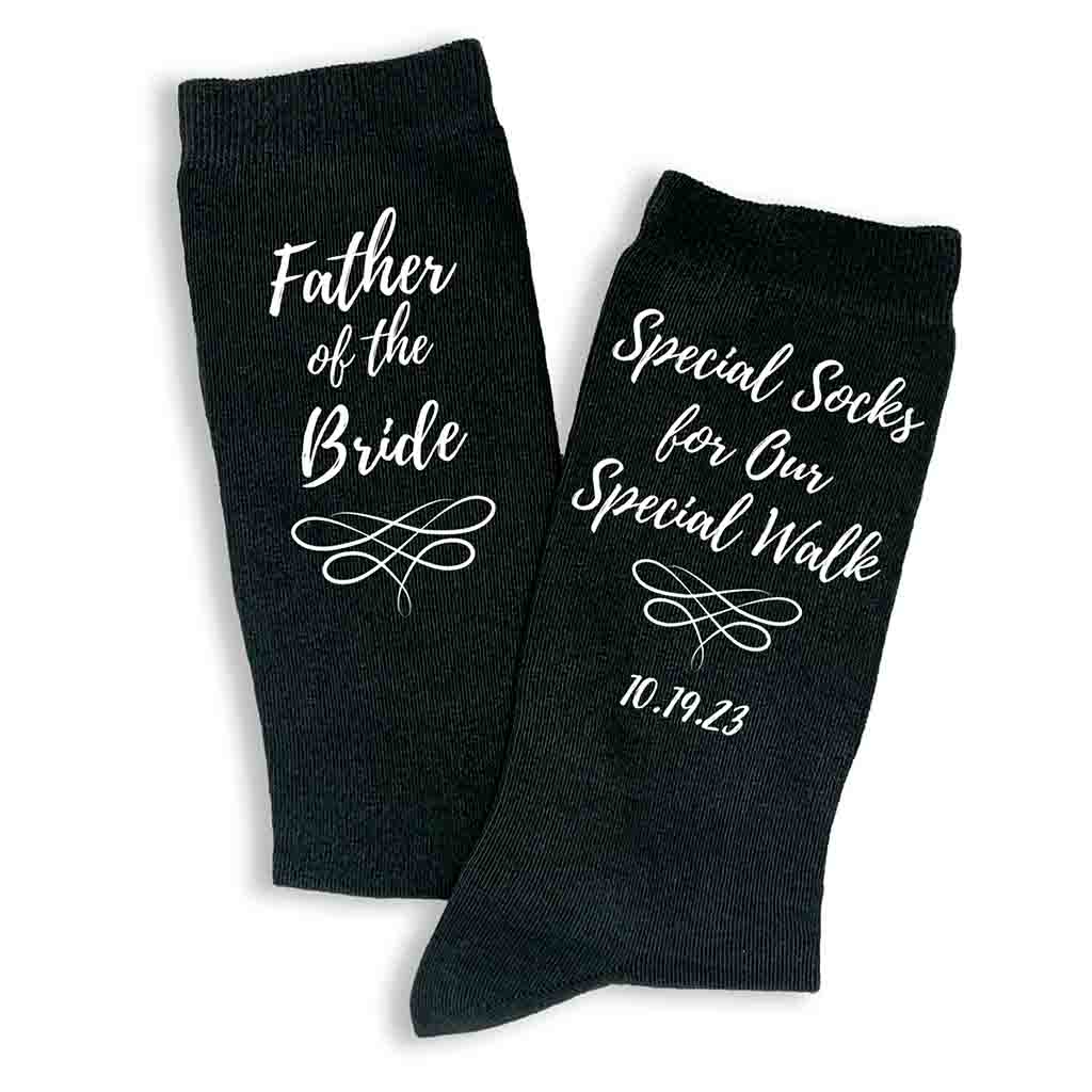 Special socks for a special walk custom printed with your wedding date and father of the bride on flat knit dress socks.