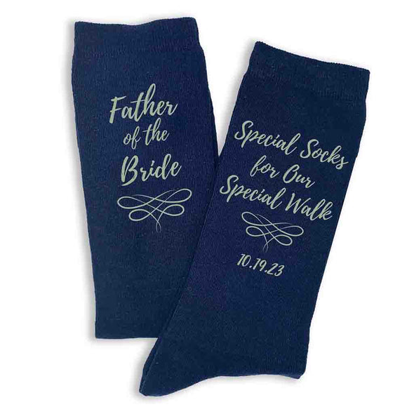 Special socks for a special walk digitally printed on the side of the socks personalized with your wedding date and father of the bride.