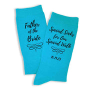 Special socks for a special walk custom printed with your wedding date and father of the bride on flat knit dress socks on turquoise dress socks.