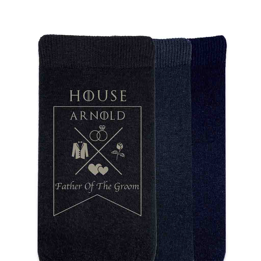 Custom printed wedding socks with a game of thrones inspired design with personalized family banner with grooms last name and your wedding role in colored ink.