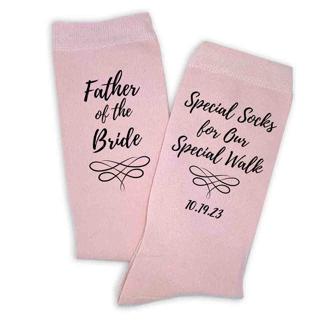 Special socks for a special walk custom printed with your wedding date and father of the bride on flat knit dress socks on blush dress socks.