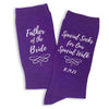 Special socks for a special walk custom printed with your wedding date and father of the bride on flat knit dress socks on purple flat knit dress socks.
