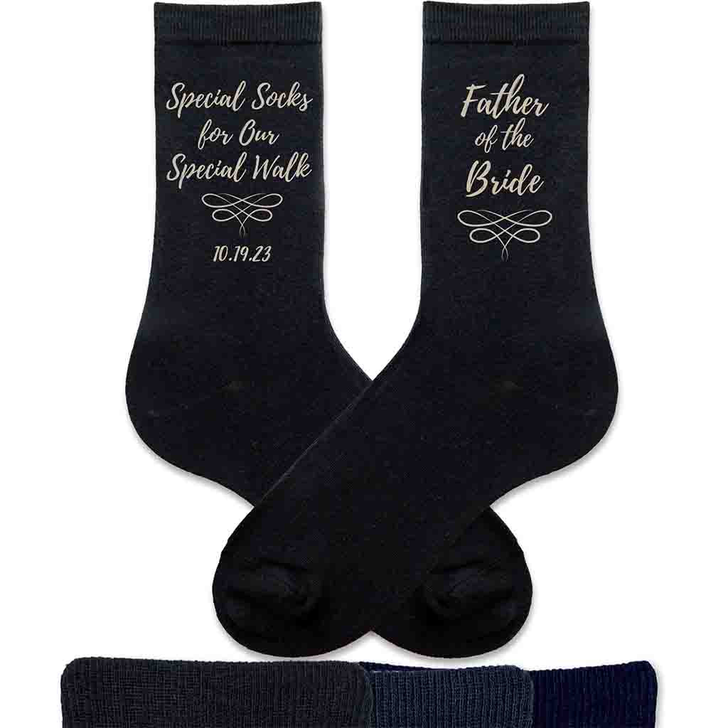 Special socks for a special walk digitally printed on the side of the socks personalized with your wedding date and father of the bride.