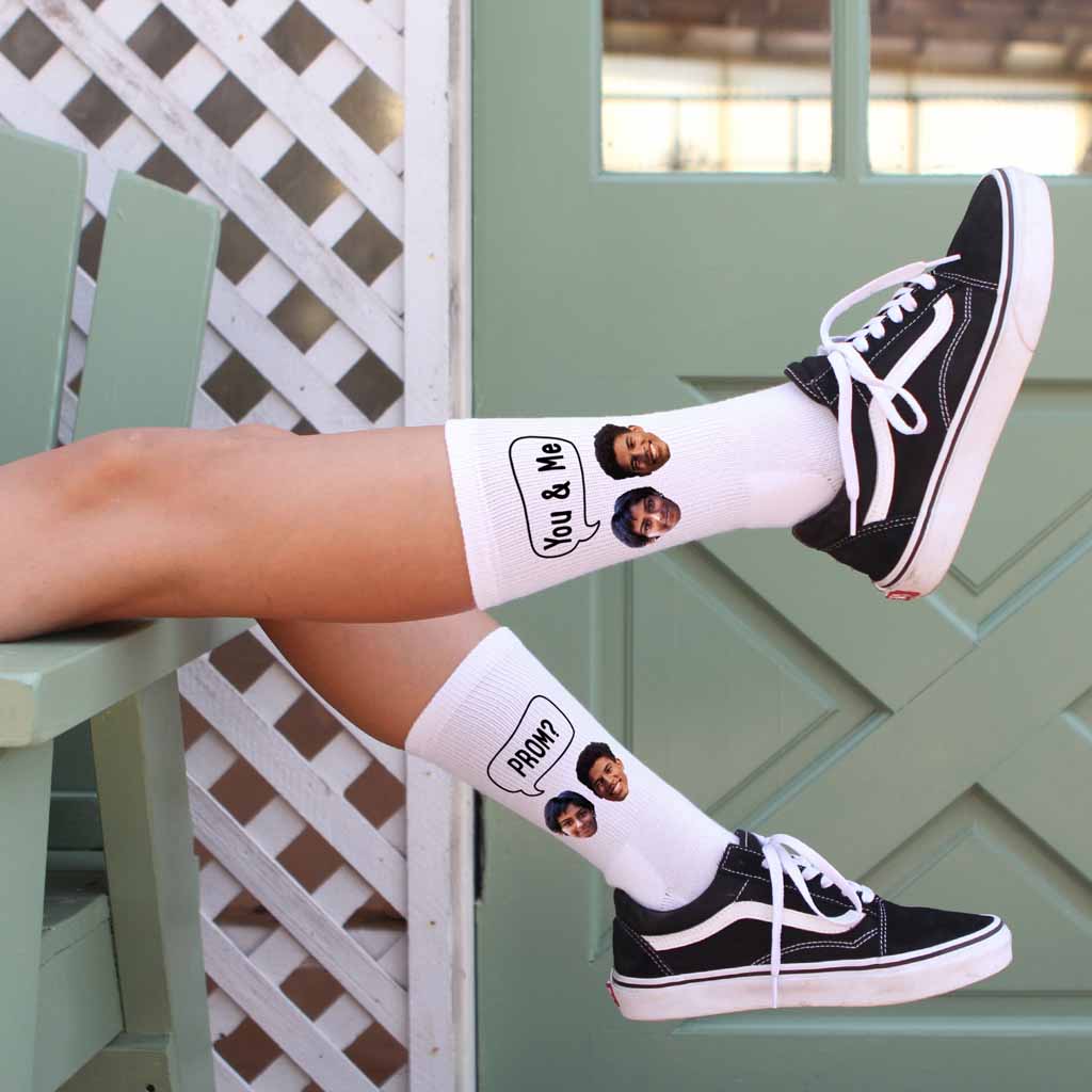 A fun original idea to ask someone to prom with these custom printed white cotton crew socks digitally printed with your own photos on them.