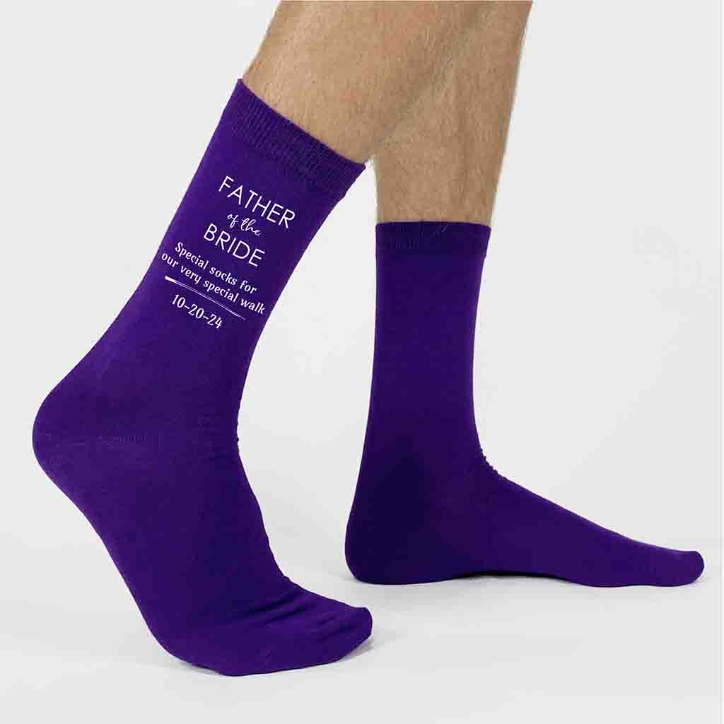Purple flat knit dress socks custom printed with father of the bride, special socks for a very special walk and personalized with your wedding date.