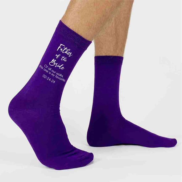 Purple flat knit socks custom printed with father of the bride and personalized with your wedding date make a great gift for the brides father.