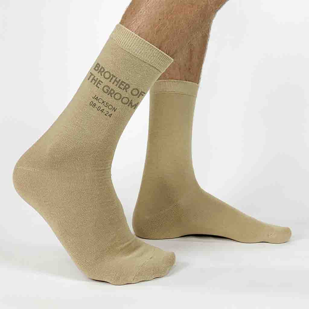 The perfect custom wedding socks for a classic and modern wedding look digitally printed with a minimalist style design and personalized with your wedding date, name and role.