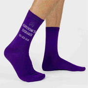 Grooms squad personalized military themed wedding socks designed for all branches of the US military custom printed and personalized with your date make a great accessory.