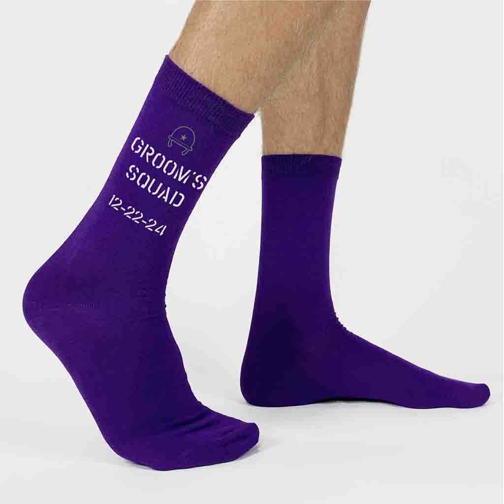 Grooms squad personalized military themed wedding socks designed for all branches of the US military custom printed and personalized with your date make a great accessory.