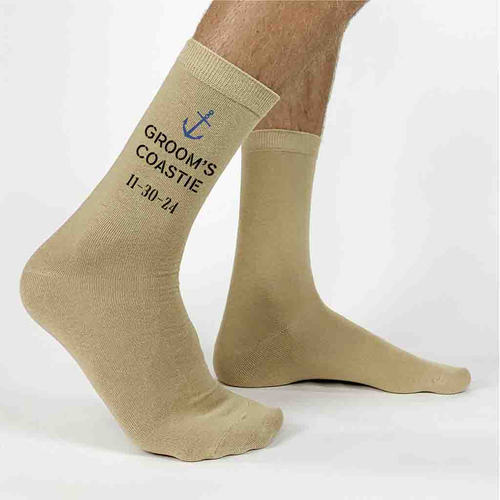 US Coastguard style grooms coastie design and personalized with your wedding date digitally printed on socks make a memorable groomsmen gift for your special day.