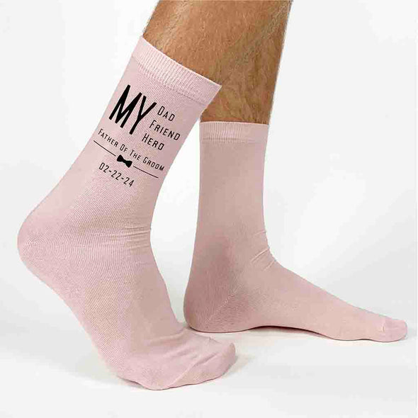 Personalized wedding socks My Dad My Hero My Friend with the date printed on the outside of both socks make a great wedding keepsake.