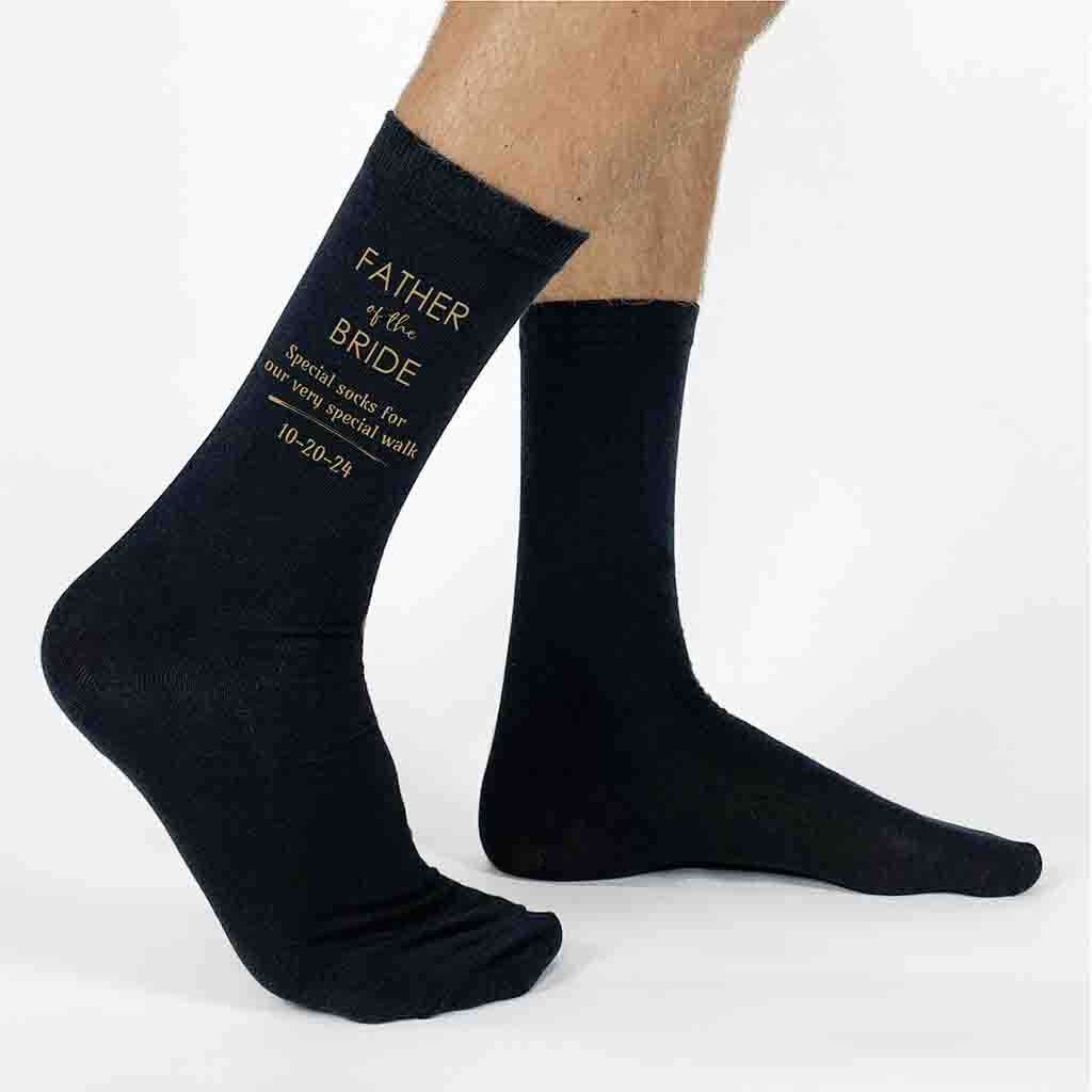 Custom flat knit socks digitally printed with colored ink and personalized with your wedding date make the perfect gift for your Dad on your wedding day.