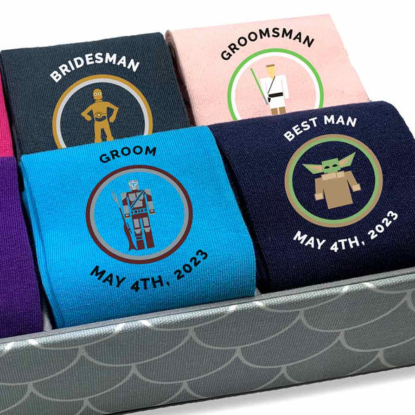 Star Wars inspired custom printed fun personalized star wars themed wedding socks for the wedding party with wedding date, role, and/or name