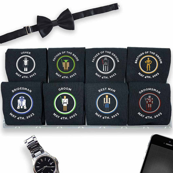 Fun personalized star wars inspired themed wedding socks custom printed for your special day. The perfect groomsmen socks