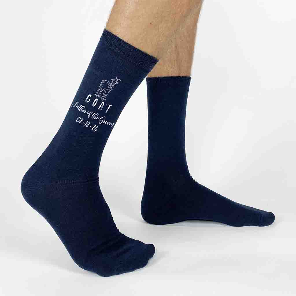 Fun personalized wedding socks custom printed with the date  printed on the outside of both socks with our original Father of the Groom GOAT design with a cute goat wearing a bow tie make these a very special wedding day accessory.