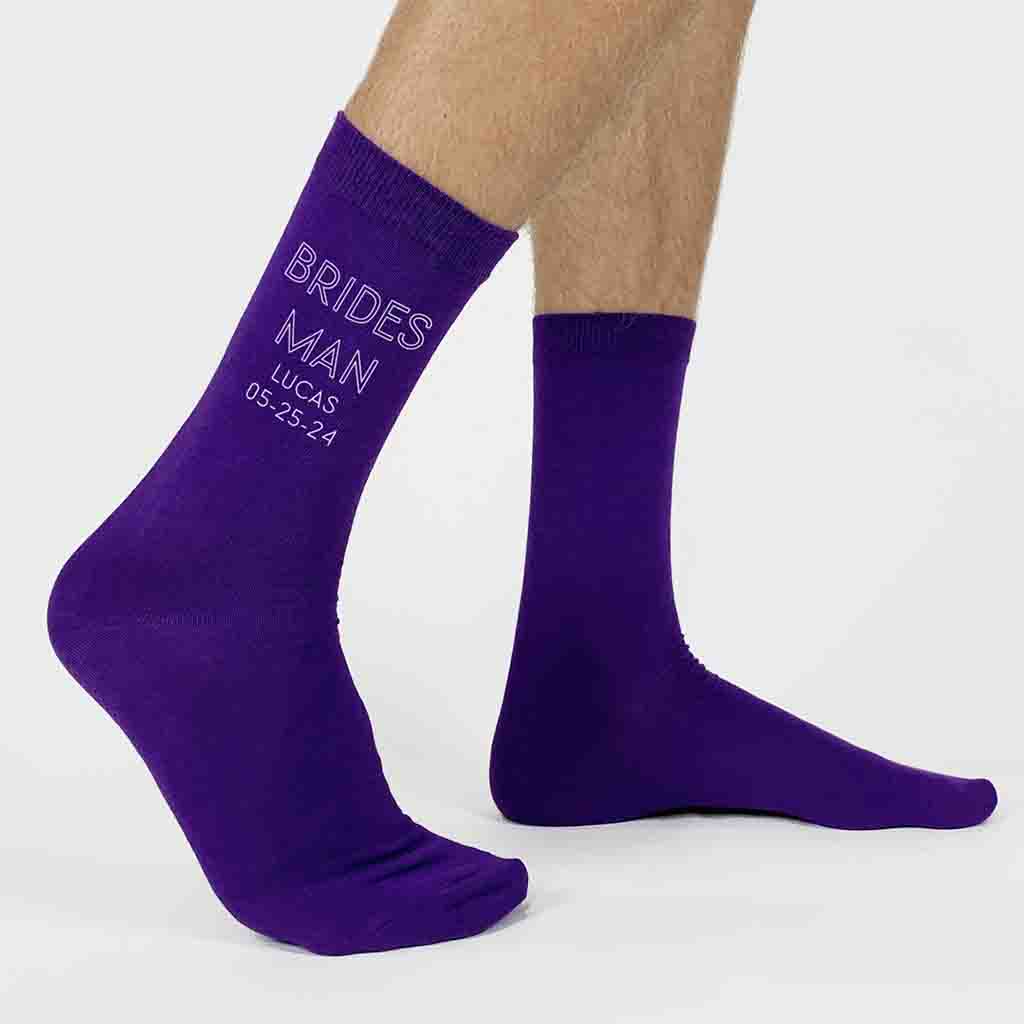 Personalized groomsmen socks for the wedding party designed with a minimalist style look custom printed for the entire wedding party make a great gift.