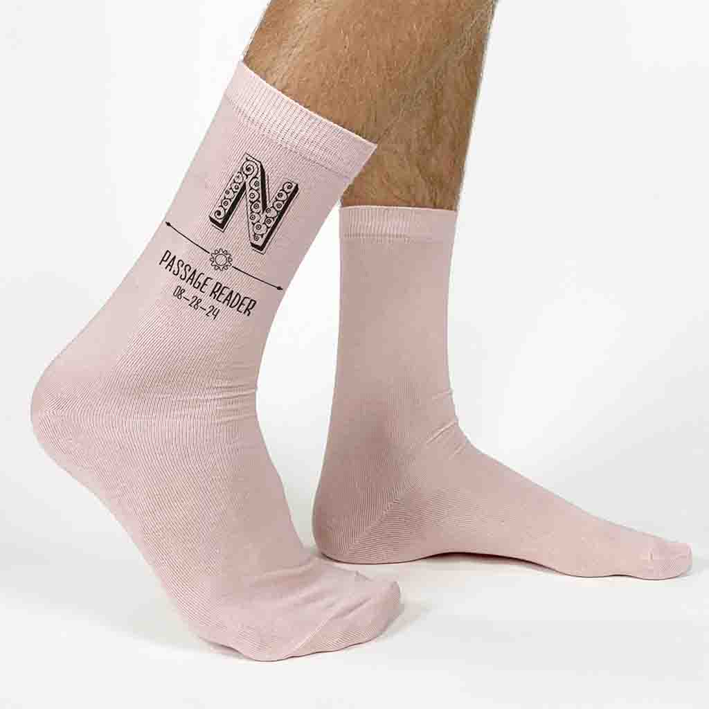 Personalized steampunk groomsmen socks for the entire wedding party printed with gear style design, your wedding role and date make these socks the perfect groomsmen gift and wedding day accessory.