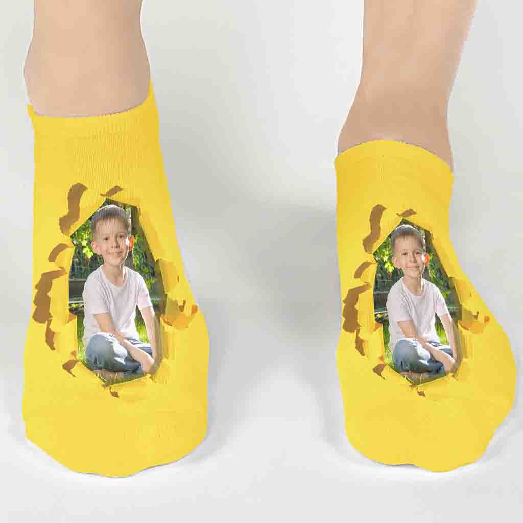 Sockprints designed burst of color digitally printed on comfy no show socks and personalized using your own photo.