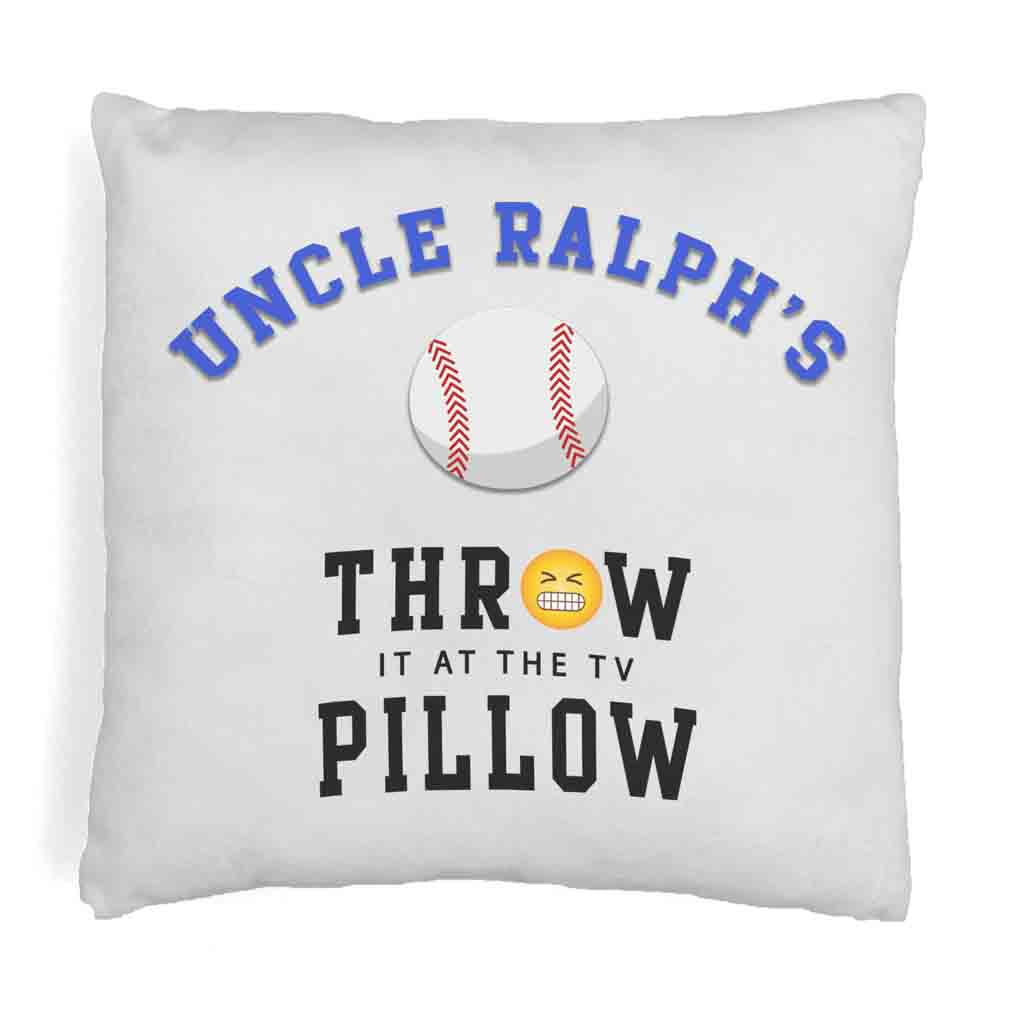 Funny baseball design with throw it at the TV pillow personalized with your name printed on throw pillow cover.