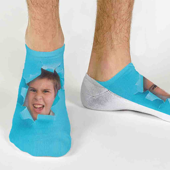 Bright colored background design by sockprints and personalized using your own photo we digitally print on comfy no show socks.