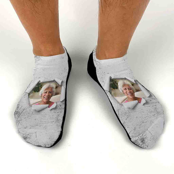Custom printed photo face socks personalized using your own photo with colored background design printed on no show gripper sole socks.