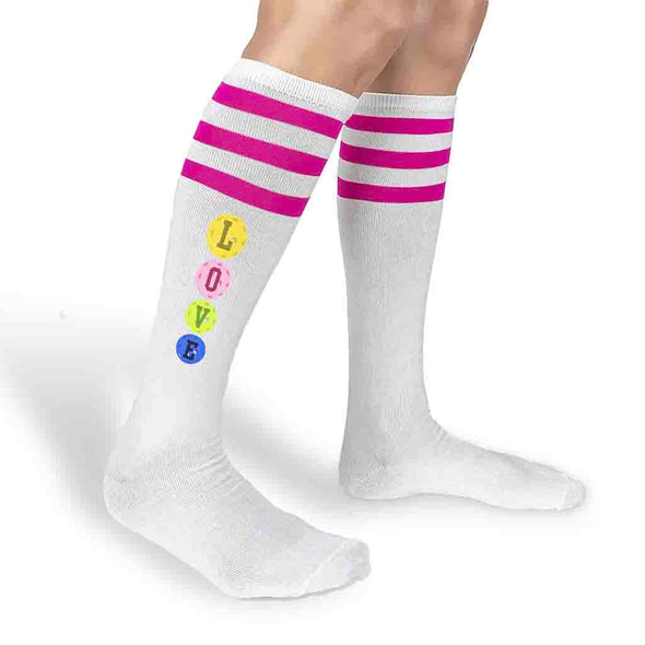 Super cute striped knee high socks custom printed love on the side of the socks designed by sockprints.