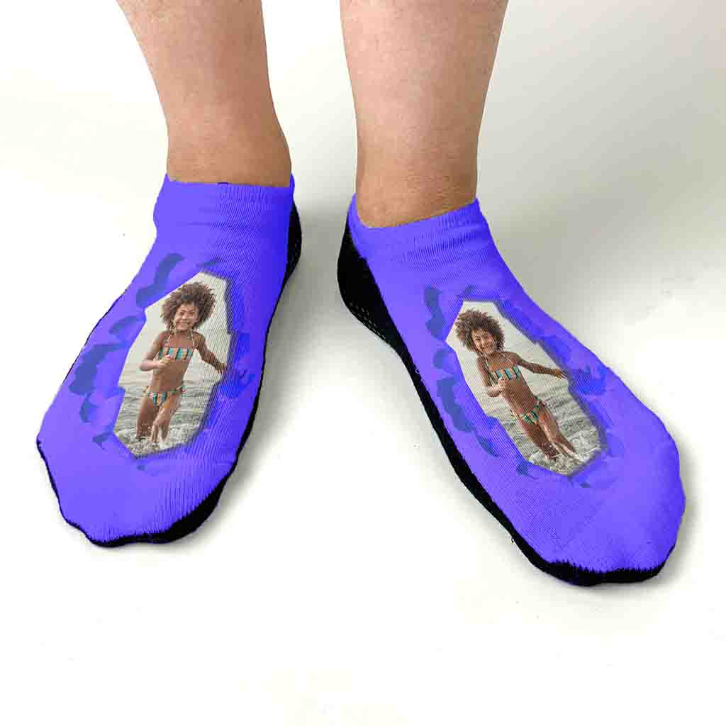 Super cute burst of color background design digitally printed with your own photo on comfy no show gripper sole socks by sockprints.